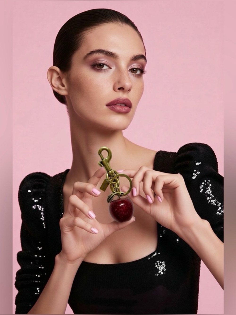 Coach Red Glitter Apple Charm Keychain with Gold Hardware